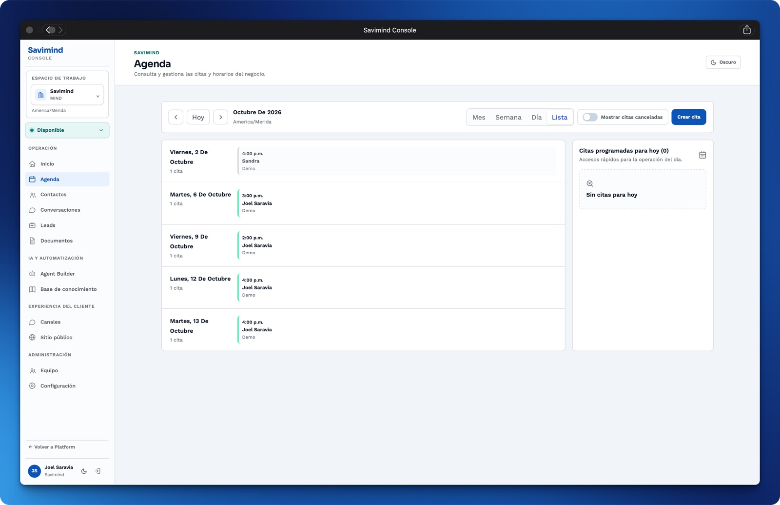 Vista de la Agenda de Savimind Console DEV con citas del servicio Demo en octubre