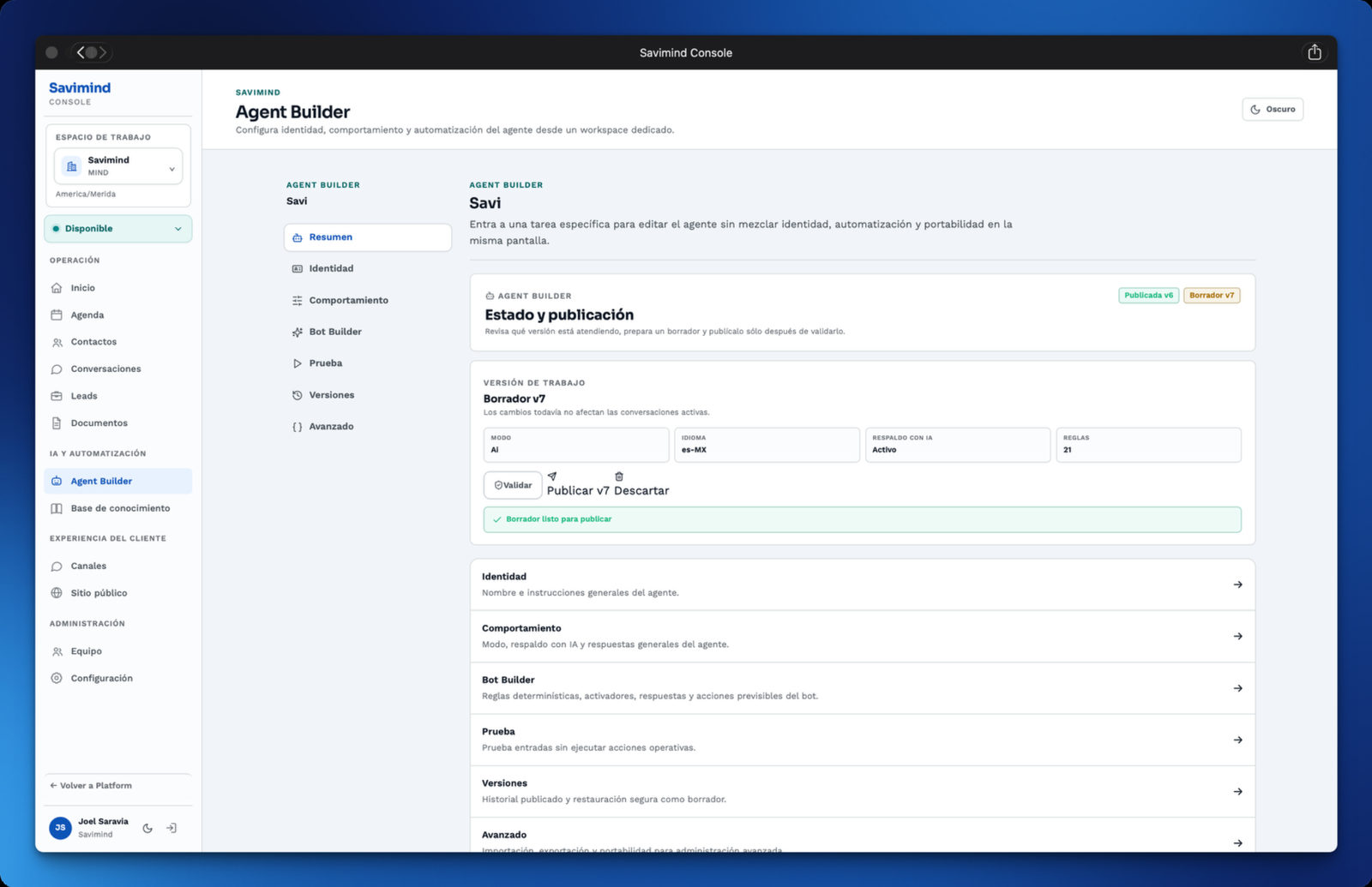 Agent Builder de Savimind Console mostrando a Savi, su versión publicada, el borrador y las opciones de prueba y comportamiento