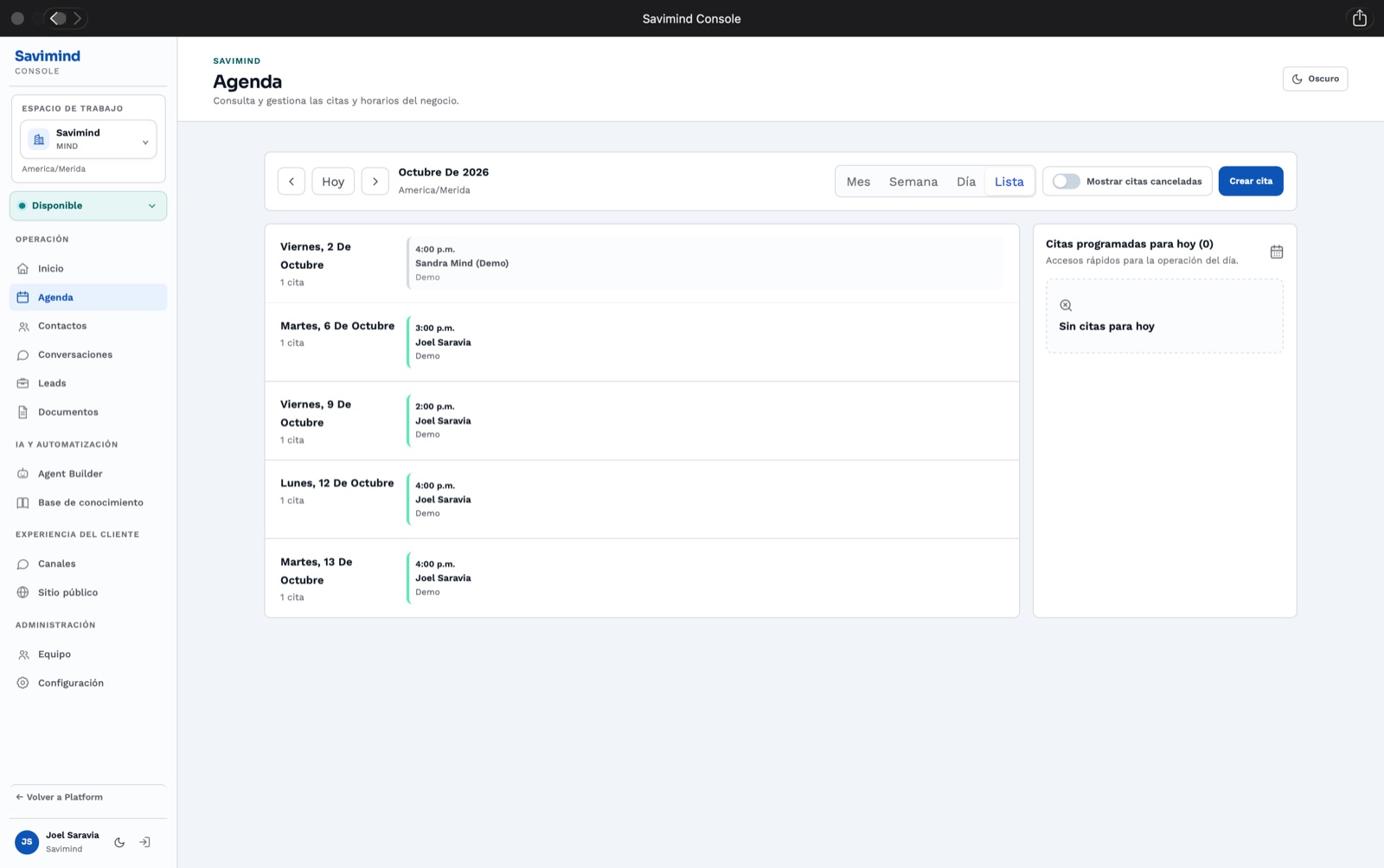Vista de agenda y citas en Savimind Console