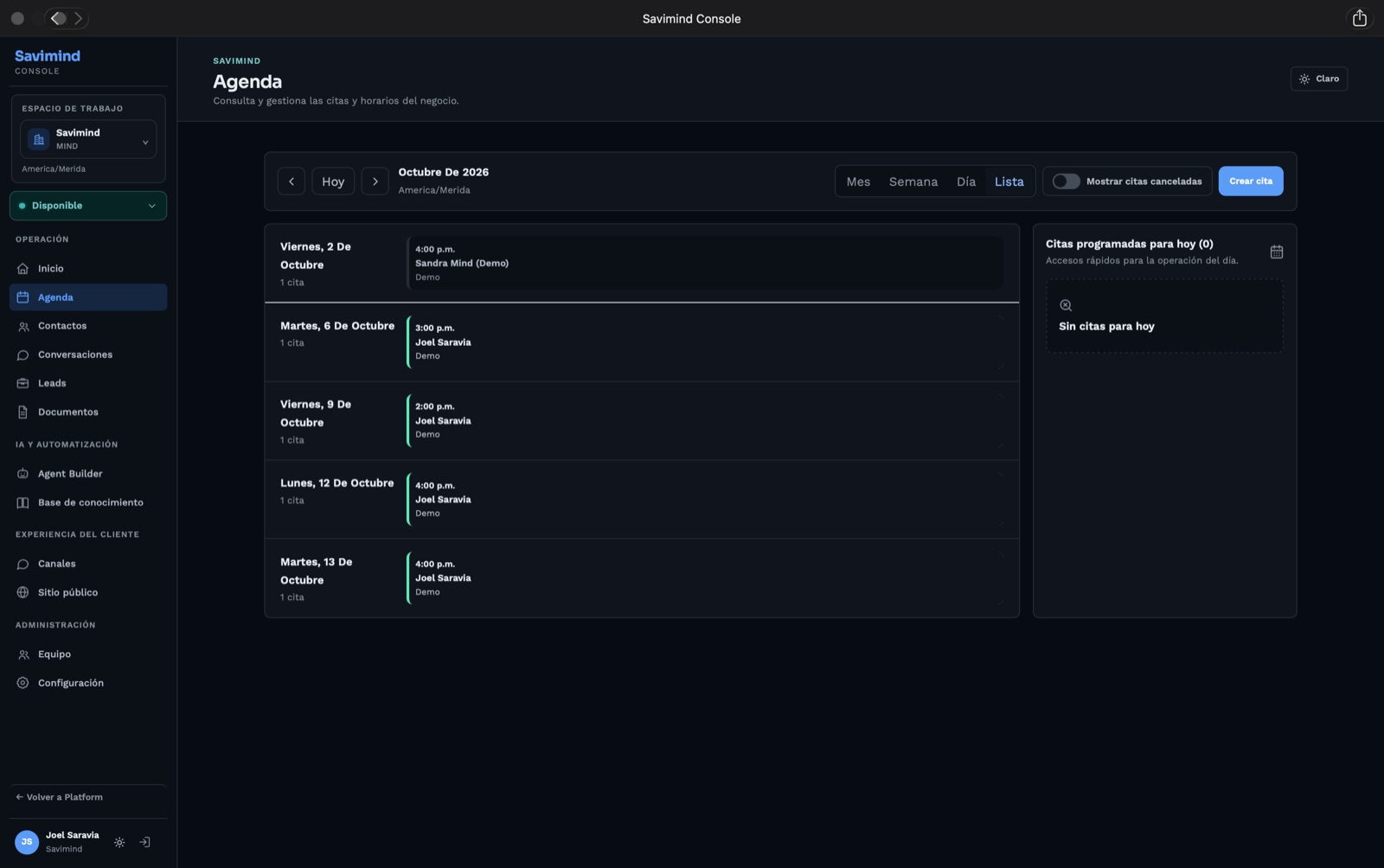 Agenda de Savimind Console, tema oscuro