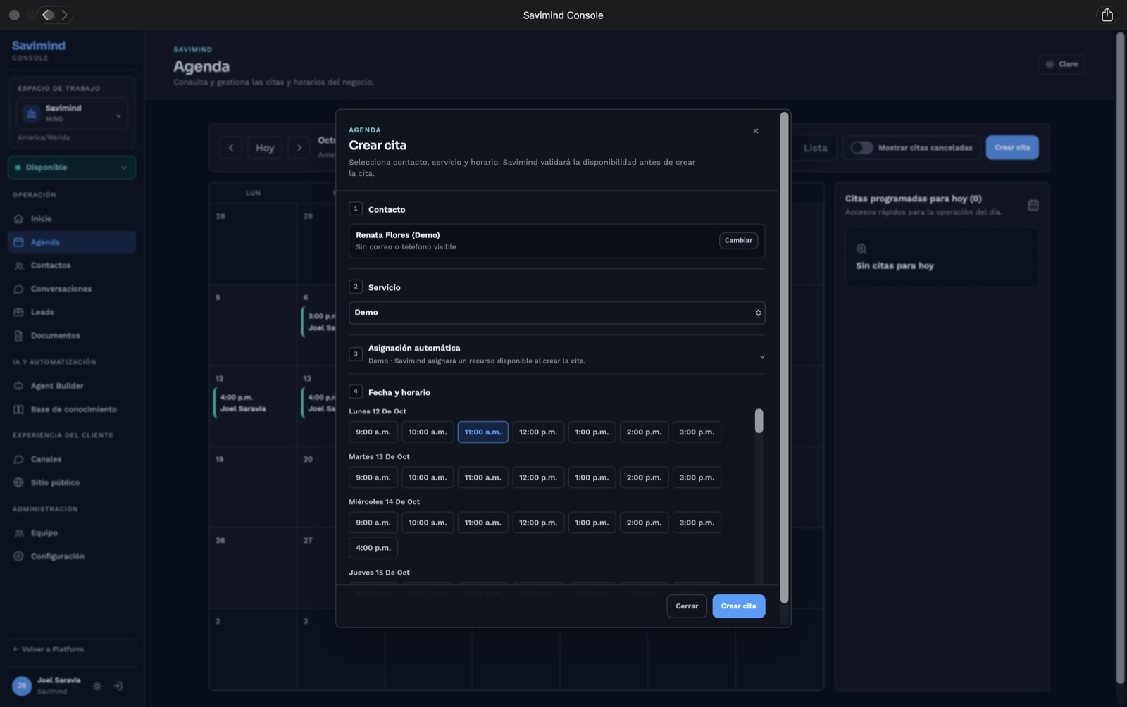 Formulario de creación de citas en Savimind Console