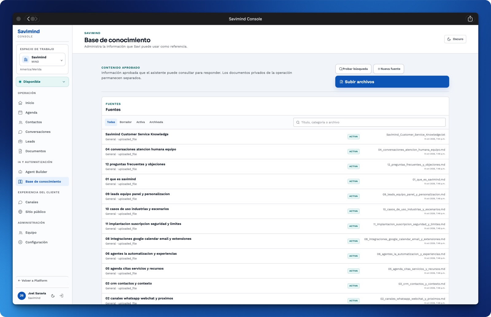 Savimind Console mostrando las fuentes de conocimiento activas y aprobadas del asistente