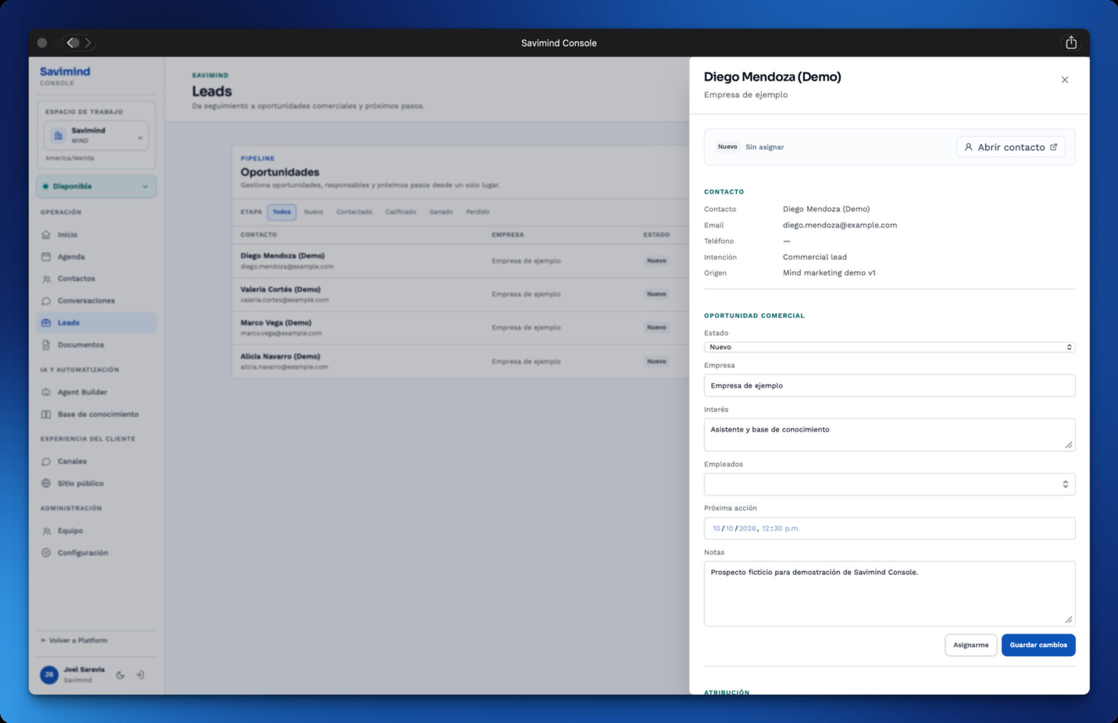 Savimind Console con el seguimiento de una oportunidad comercial
