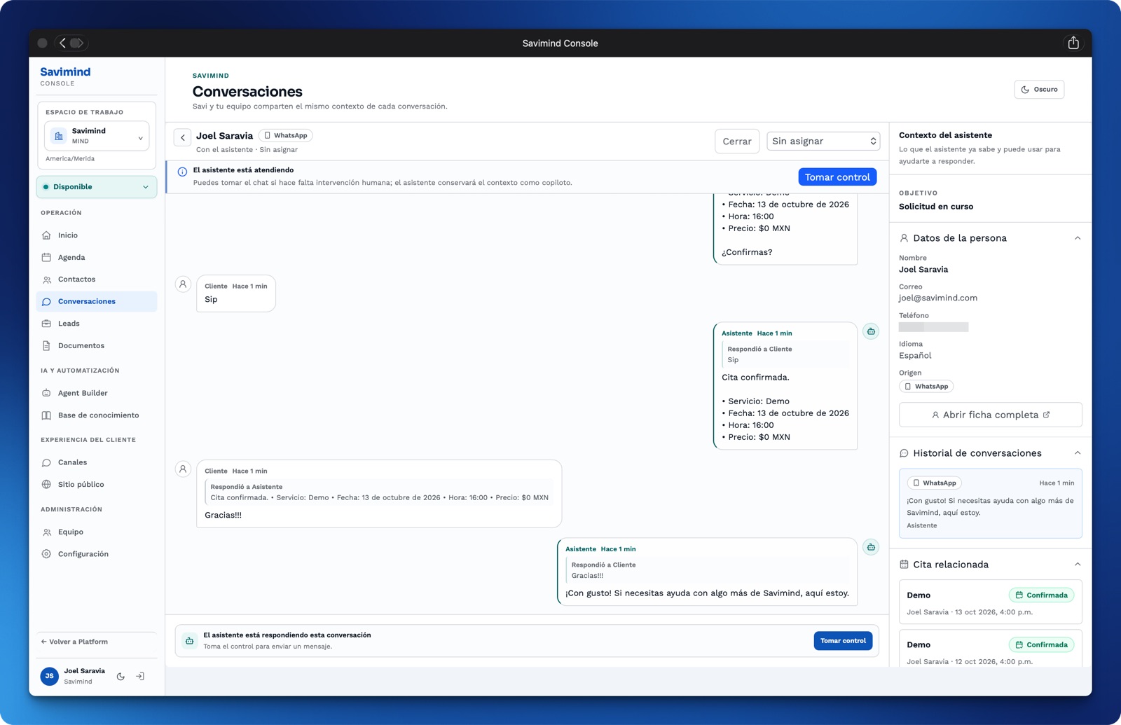 Vista de WhatsApp conectado con Savimind Console y una cita relacionada